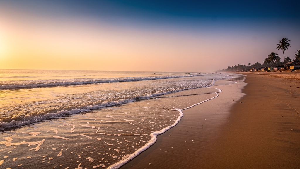 Sunrise over Dandi Beach with calm waves and a peaceful shoreline